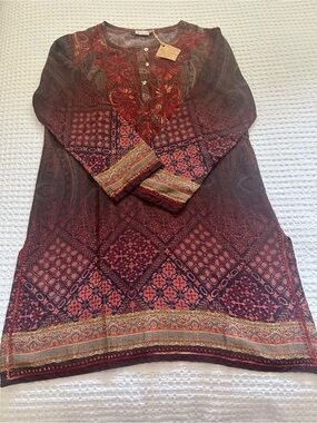 Bohemian Embroidered Tunic Dress in Burgundy